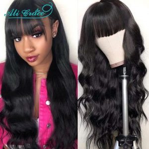Body Wave Wig with Bangs 10-26 Inch Hair Wigs Brazilian Full Machine Made Human Hair Wigs for Women Ali Grace Hair Fringe Wig