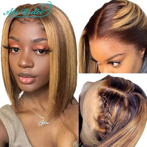 Highlight Wig Human Hair Short Bob Wigs 4/27 Ombre Straight 13X4 Lace Frontal Human Hair Wigs Ali Grace Pre-Plucked Bob Lace Wig