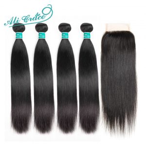 5 piece / lot Ali Grace Brazilian Straight Hair With Closure 100% Remy Human Hair 4 Bundles With 4x4 Free Middle Part Lace Closure