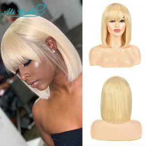 Ali Grace Wigs 8-14inch Short Blunt 613 Bob Wigs with Fringe Bangs Human Hair Wigs for Women Full Machine Made No Lace Hair Wigs