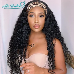 Water Wave Headband Wig Human Hair for Women Ali Grace Brazilian Natural Wave Headband Wigs with Adjustable Bands Easy to Wear