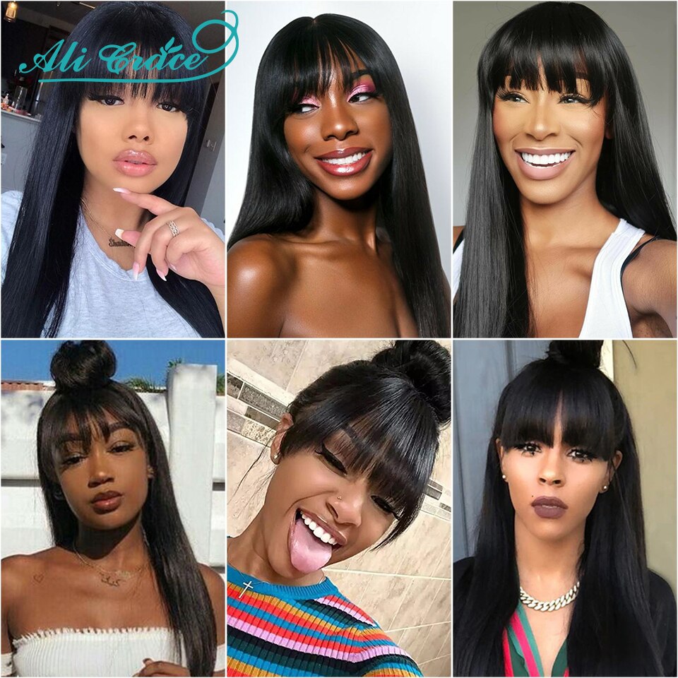 Ali Grace Straight Human Hair Wigs with Bangs 13x4 Lace Front Fringe Wig Brazilian Full Straight Lace Front Wig with Bangs - Image 6