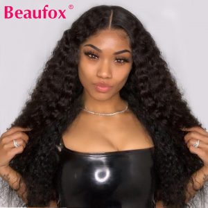 Beaufox Brazilian Deep Wave Wigs Middle Part T Part Lace Part Human Hair Wigs For Women Remy Pre-Plucked Curly Human Hair Wigs