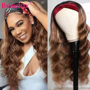 Beaufox Ombre Highlight Headband Wig Human Hair Wigs For Women Body Wave Brazilian Hair Wigs Blonde Brown Human Hair Wigs Remy