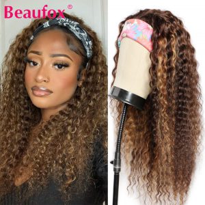 Beaufox Highlight Wig Headband Wig Human Hair Wigs For Women Deep Wave Brazilian Hair Wigs Brown Colored Curly Human Hair Wigs