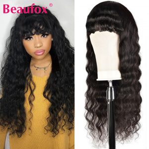 Beaufox Loose Deep Wave Wigs With Bangs Glueless Human Hair Wigs Brazilian Hair Wig With Bangs For Black Women Remy 8-26 Inches
