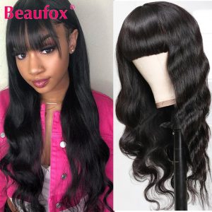 Beaufox Human Hair Wigs With Bangs Full Machine Made Peruvian Body Wave Human Hair Wigs For Women Natural Hair Wigs With Bangs