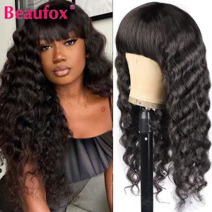 Beaufox Loose Deep Wave Wig Malaysian Human Hair Wigs For Women Glueless Full Machine Wig With Bangs Remy Human Hair Wig 8-26 In