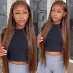 Colored Chocolate Brown 26 Inch Straight Lace Front Wig #4 Transparent Lace Frontal Wigs T Part Bone Straight Human Hair Wig