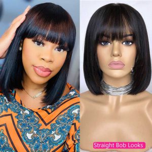 Brazilian Bob Wig Straight Human Hair Wigs With Bangs Human Hair Bob Striaght Wig With Bangs Remy FULL Machine Human Hair Wigs