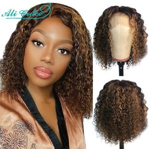 Highlight Curly Bob Wig 13X4 Lace Front Human Hair Wigs Brazilian Ombre Curly Bob Wigs Ali Grace Pre Plucked Bob with Baby Hair