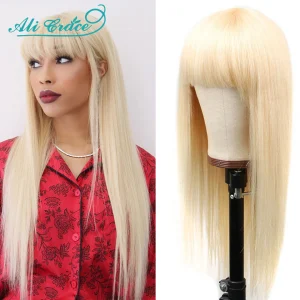 Ali Grace Wigs Blonde 613 Straight Human Hair Wigs with Bang No Lace Machine Made Hair Wigs For Black Women Fringe Wigs Can Dyed