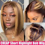 CHEAP Highlight Bob Wig Ombre Straight Lace Front Human Hair Wigs Highlight Wig Human Hair T Part Transparent Lace Frontal Wigs