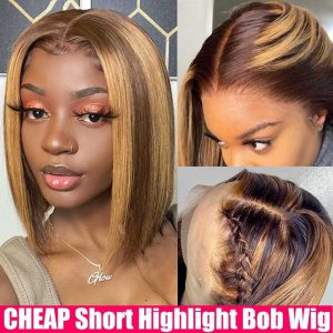 CHEAP Highlight Bob Wig Ombre Straight Lace Front Human Hair Wigs Highlight Wig Human Hair T Part Transparent Lace Frontal Wigs