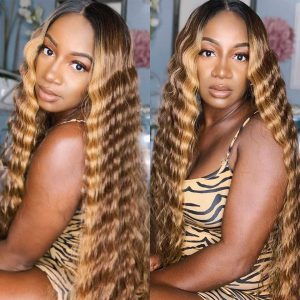180% 200% Highlight Deep Wave Frontal Wig Ombre Honey Blond Curly Lace Front Human Hair Wigs T Part Brazilian Deep Wave Wig