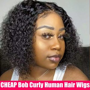 CHEAP 180% Short Curly Bob Wig Lace Front Human Hair Wigs Transparent Lace Wigs T Part Brazlilian Kinky Curly Human Hair Wig