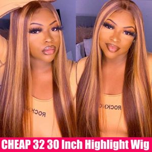 CHEAP 180% Ombre Highlight Wig Human Hair 32 30 Inch Bone Straight Human Hair Wigs T Part Brailian Ombre Human Hair Lace Wigs
