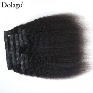 Kinky Straight Seamless Clip In Human Hair Extensions Brazilian Afro Blow Out Hair Kinky Coarse Invisible PU Clip Ins Dolago