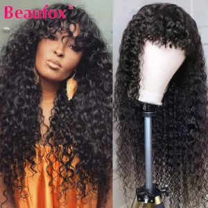 Beaufox Brazilian Water Wave Wigs With Bangs Remy Glueless Human Hair Wig With Bangs Full Machine Made Wigs For Women Human Wigs