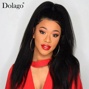 Kinky Straight Lace Front Wig For Women Brazilian Black Coarse Yaki Human Hair Wigs With Baby Hair 150% Natural Remy Hair Dolago