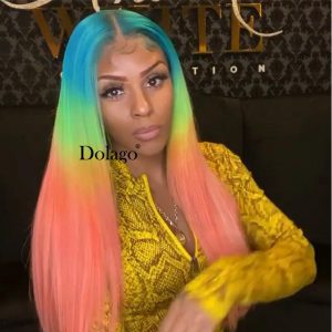 Rainbow Blue Green Orange Colored Human Hair Wigs Straight HD Transparent Lace Frontal Wig Brazilian Ombre Colorful Wig Dolago