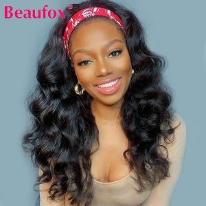 Beaufox Headband Wig Human Hair Wigs For Women Full Machine Glueless Body Wave Human Hair Wigs Peruvian Wavy Headband Scarf Wig