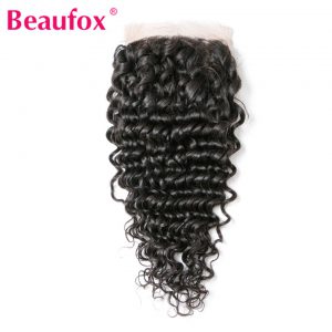Beaufox Brazilian Deep Wave Lace Closure 4x4 Human Hair Free Part With Baby Hairs 130% Density Remy Hair Natural Color