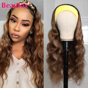 Beaufox Highlight Headband Wig Human Hair Wigs For Women Brazilian Body Wave Wigs Brown Blonde Ombre Human Hair Wig Remy No Glue