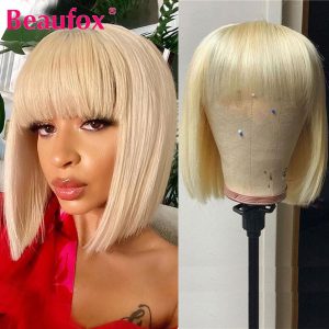 Beaufox Bob Wig With Bangs Brazilian Human Hair Wigs With Bangs Full Machine Made Wigs 613 Honey Blonde Colored Wigs Remy Hair
