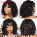 Beaufox Short Curly Bob Wig With Bangs Brazilian Water Wave Wigs For Women Glueless Curly Human Hair Wigs Full Machine Hair Wigs