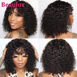 Beaufox Short Curly Bob Wig With Bangs Brazilian Water Wave Wigs For Women Glueless Curly Human Hair Wigs Full Machine Hair Wigs