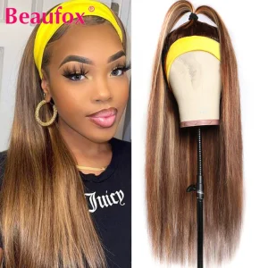 Beaufox Straight Hair Highlight Headband Wig Human Hair Wigs For Women Blonde Brown Human Hair Wigs Ombre Straight Hair Wigs