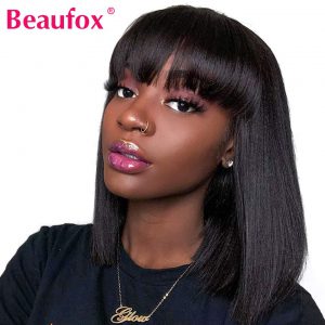 Beaufox Pixie Cut Bob Wigs Peruvian Straight Short Human Hair Wigs With Bangs For Women Remy Bob Human Hair Bangs Wigs 8-16 Inch
