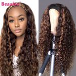Beaufox Ombre Highlight Headband Wig Human Hair Wigs For Women Brazilian Water Wave Wig Remy Brown Colored Curly Human Hair Wigs