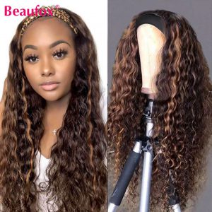 Beaufox Ombre Highlight Headband Wig Human Hair Wigs For Women Brazilian Water Wave Wig Remy Brown Colored Curly Human Hair Wigs