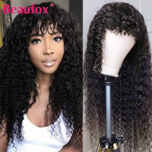 Beaufox Water Wave Wig Peruvian Human Hair Wigs With Bangs Full Machine Made Wig For Black Women 8-28 Inch Glueless Fringe Wigs