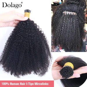 Afro Kinky Curly Human Hair 4B 4C I Tips Microlinks Brazilian Virgin Hair Extensions Hair Bulk Knots Black Color For Women