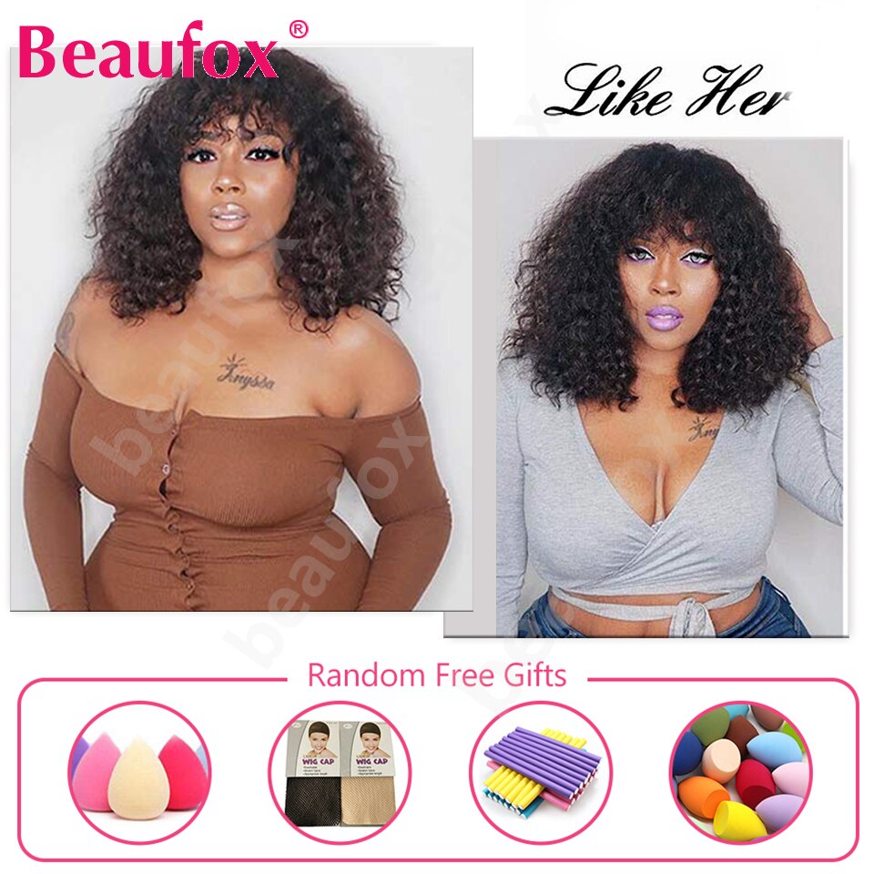 Beaufox Short Bob Wig With Bangs Malaysian Water Wave Wig For Black Women Cheap Curly Human Hair Wigs With Bangs Glueless Wigs
