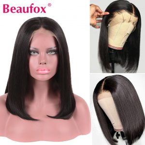 Beaufox 13x4 Short Lace Front Human Hair Wigs Brazilian Straight Bob Wigs 150% Pre Plucked Natural Hairline Remy Lace Wig