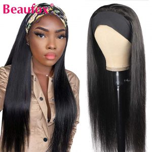 Beaufox Headband Wig Human Hair Wigs Peruvian Straight Hair Wigs For Black Women Remy Human Hair Scarf Headband Wigs 8-28 Inch