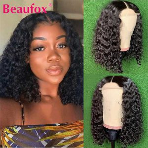 Beaufox Bob Wig Lace Front Human Hair Wigs Malaysian 4x4 Lace Closure Short Bob Wig Water Wave Lace Wigs Remy Curly Wigs Cheap
