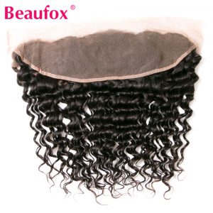 Beaufox 13*4 Deep Wave Frontal Brazilian Deep Wave Human Hair Lace Frontal Closure With Baby Hair Remy Natural Color 8-20"