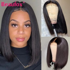Beaufox 4x4 Short BOB Lace Closure Wig Straight Human Hair Wigs 150% Brazilian Wig Pre Plucked Hairline Lace Front Wig Remy