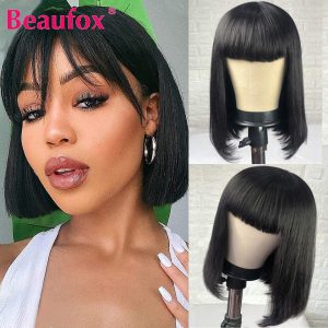 Beaufox Short Bob Wig With Bangs Malaysian Straight Hair Wigs For Women Cheap Human Hair Wigs Glueless Full Machine Made Wigs