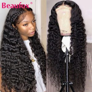 Beaufox Deep Wave Frontal Wig Peruvian Lace Front Human Hair Wig For Black Women Curly Human Hair Wig Remy Glueless Lace Wigs