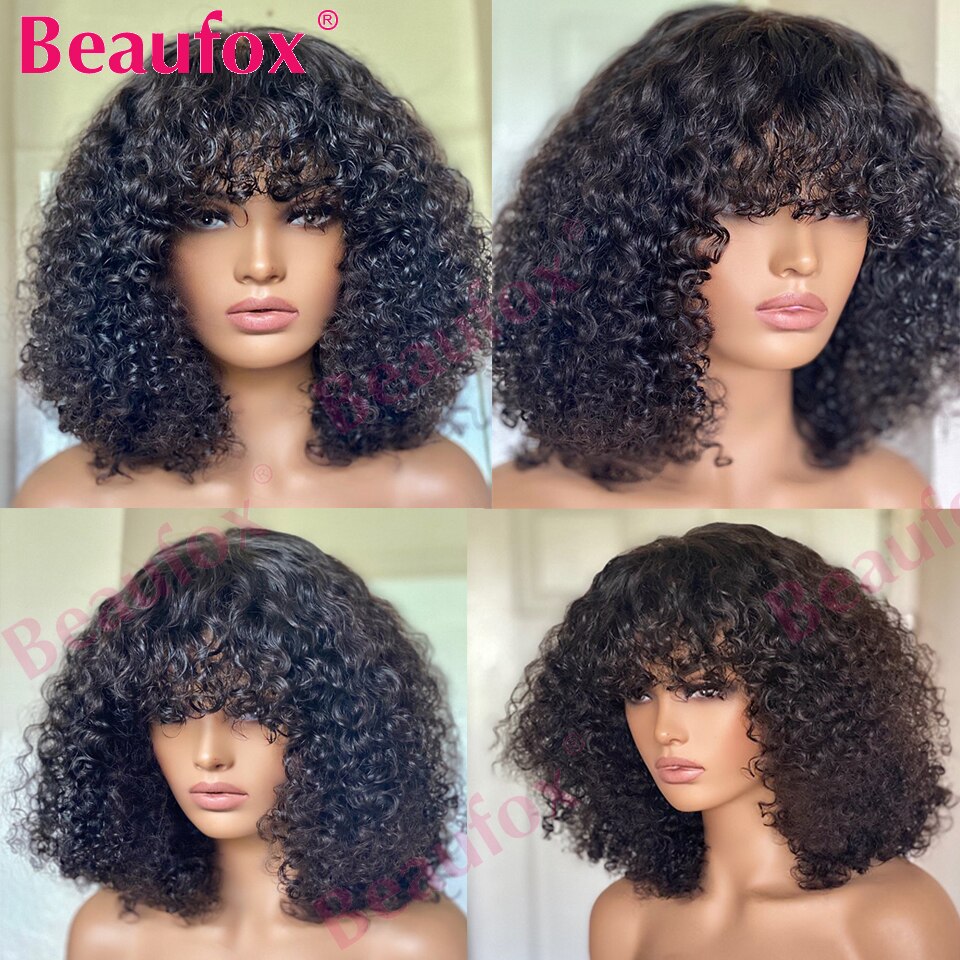 Beaufox Short Bob Wig With Bangs Malaysian Water Wave Wig For Black Women Cheap Curly Human Hair Wigs With Bangs Glueless Wigs - Image 2