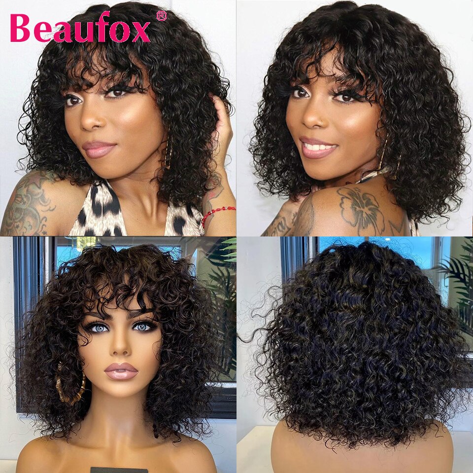 Beaufox Short Bob Wig With Bangs Malaysian Water Wave Wig For Black Women Cheap Curly Human Hair Wigs With Bangs Glueless Wigs - Image 3