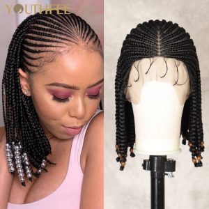 Youthfee 13X9 Box Braided Synthetic Wigs with Beads Short Bob Lace Front Cornrow Braids Wig with Baby Hair for Balck Women