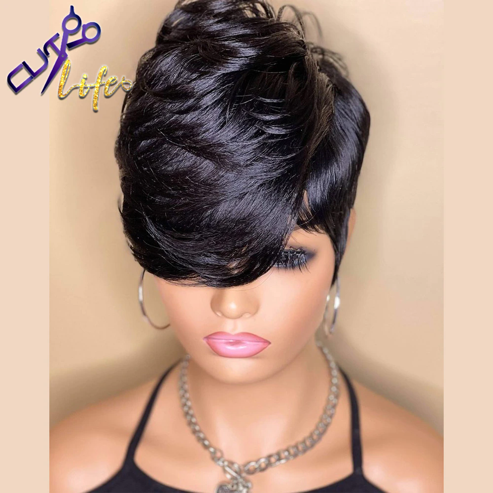 Beauty Short Bob Wavy Wig With Bangs Full Machine No Lace Wigs For Women Brazilian Cheap Remy Straight Human Hair Pixie Cut Wig - Image 3