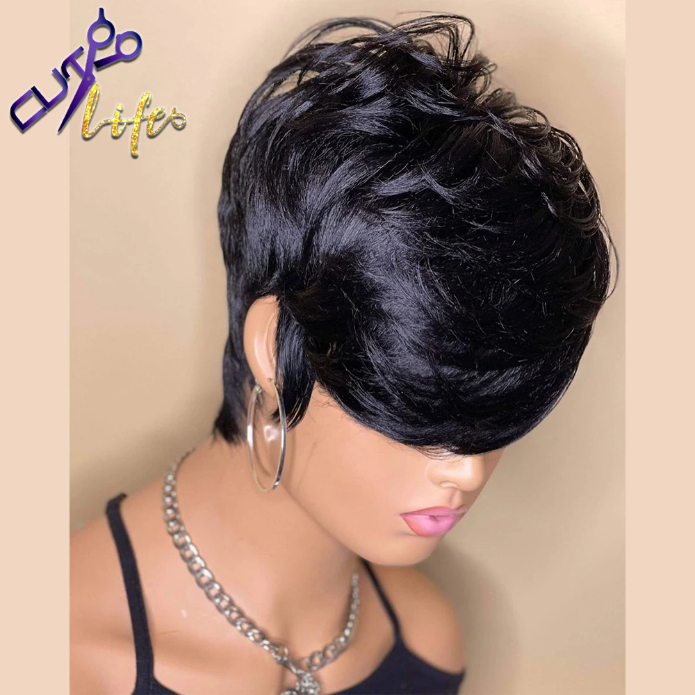 Beauty Short Bob Wavy Wig With Bangs Full Machine No Lace Wigs For Women Brazilian Cheap Remy Straight Human Hair Pixie Cut Wig - Image 4